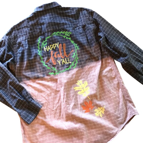 Bleached Flannel Painted Shirt, Size Medium: Upcycled, Autumn Theme Fall Leaves - Picture 6 of 13